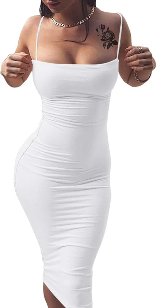 GOBLES Women's Sexy Spaghetti Strap Sleeveless Bodycon Midi Club Dress | Amazon (US)