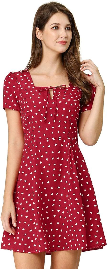 Allegra K Women's Printed Casual Square Neck Short Sleeve Fit and Flare Dress | Amazon (US)