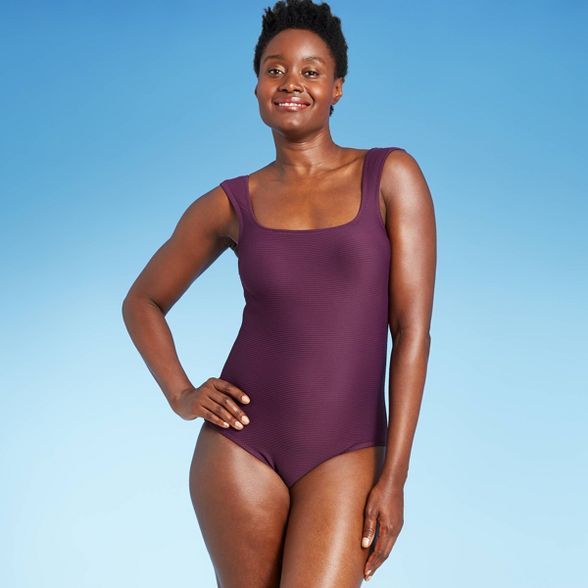 Women's Ribbed Square Neck Cap Sleeve Medium Coverage One Piece Swimsuit - Kona Sol™ Burgundy | Target