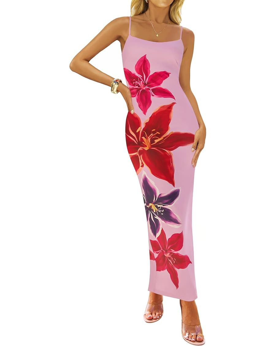 ZESICA Women’s Summer Bodycon Maxi Dresses 2025 Floral Spaghetti Strap Square Neck Sleeveless B... | Amazon (US)