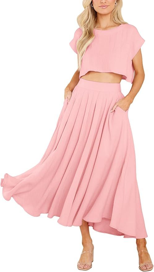 Women's Summer Two Piece Outfits Midi Dress Pleated Crop Top Flowy Flare Skirts Sets Casual Solid... | Amazon (US)
