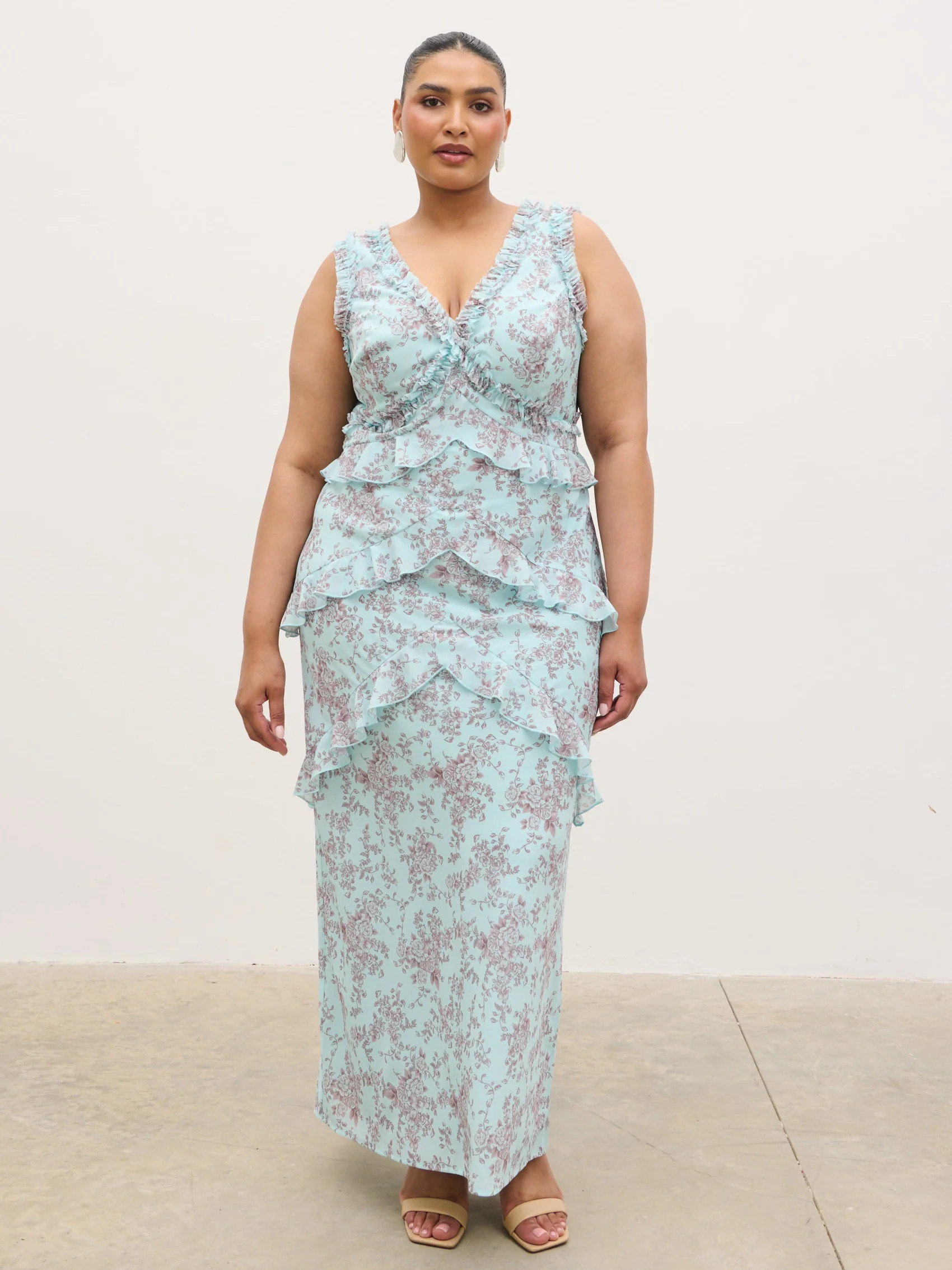 Aurelia Ruffle Maxi Dress Curve - Seaspray and Brown Floral | Pretty Lavish (UK)