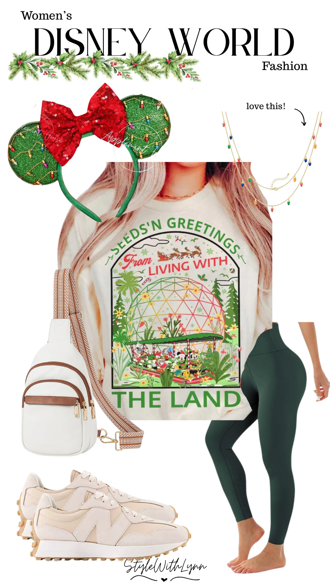 Epcot vibes but make it festive.  This Living with the Land holiday tee is perfect for holidays! Styled with forest green leggings, neutral New Balance sneakers, and the cutest Christmas light Minnie ears.✨ Add a crossbody sling bag and holiday light necklace for the ultimate comfy and cute park look!

Perfect for a day exploring Epcot or sipping cocoa at Festival of the Holidays. ☕🌿

⭐ Shop this look on my LTK!

Disney Christmas outfit, Epcot holiday outfit, Living with the Land sweatshirt, Disney park outfit ideas, women’s Disney fashion, comfy Disney park style.

#DisneyWorldOutfit #EpcotOutfit #DisneyChristmasStyle #DisneyHolidayOutfit #DisneyParkStyle #LTKHoliday #LTKDisney 

 #LTKHoliday #LTKSeasonal #LTKStyleTip