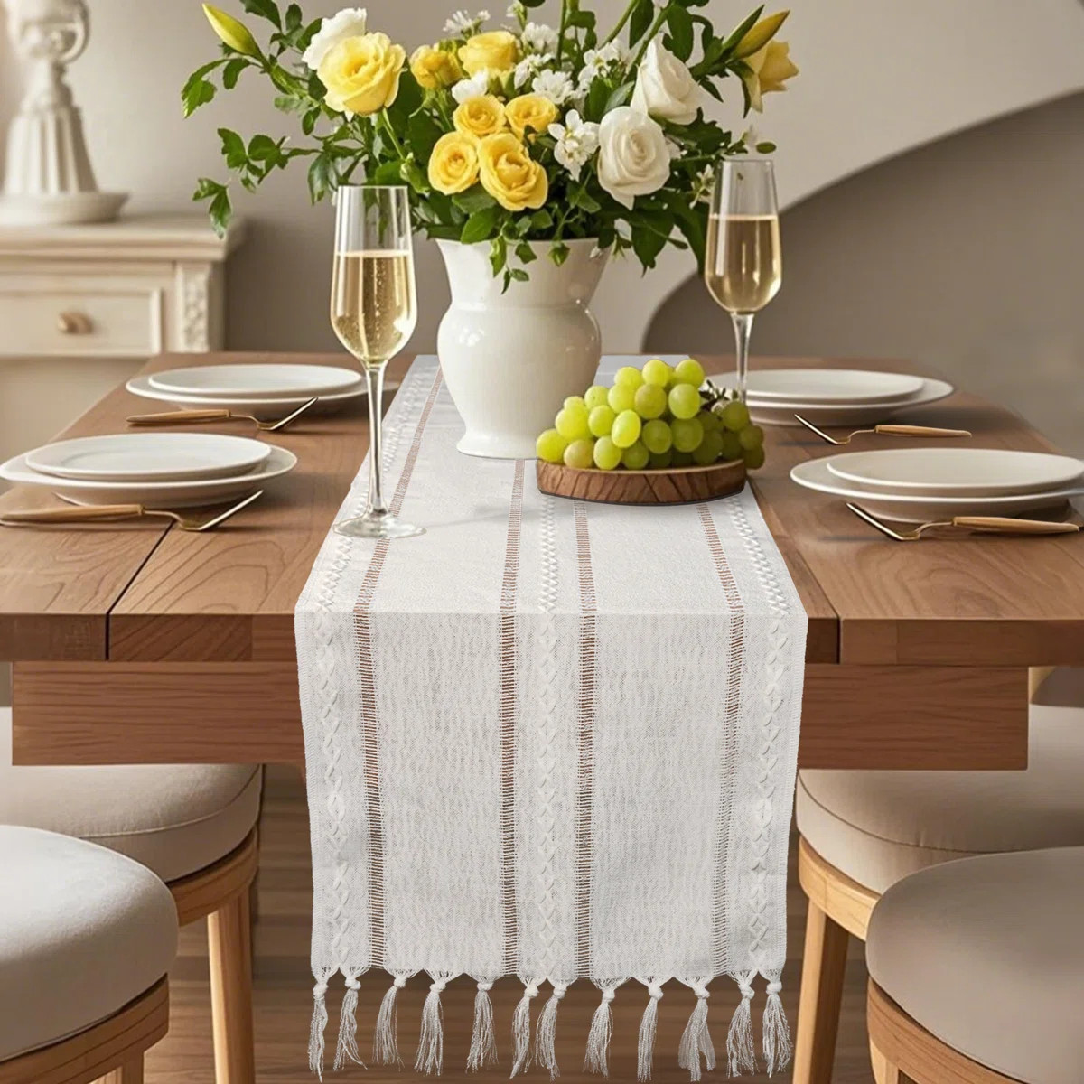 Linen Textured Hemstitched Embroidered Striped Table Runner With Tassels | Wayfair North America