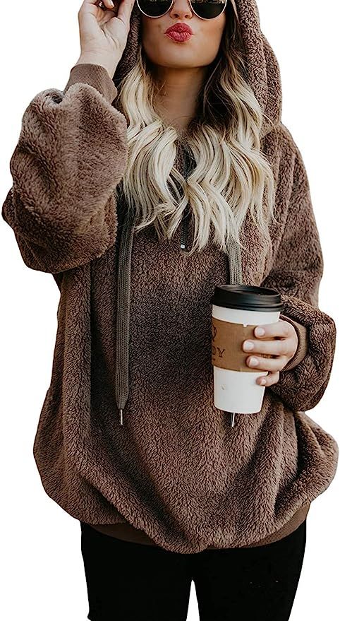 Zovailn Womens Oversized Sherpa Pullover Sweaters Fuzzy Fleece Soft Warm Sweatshirt Zip Hoodie Po... | Amazon (US)