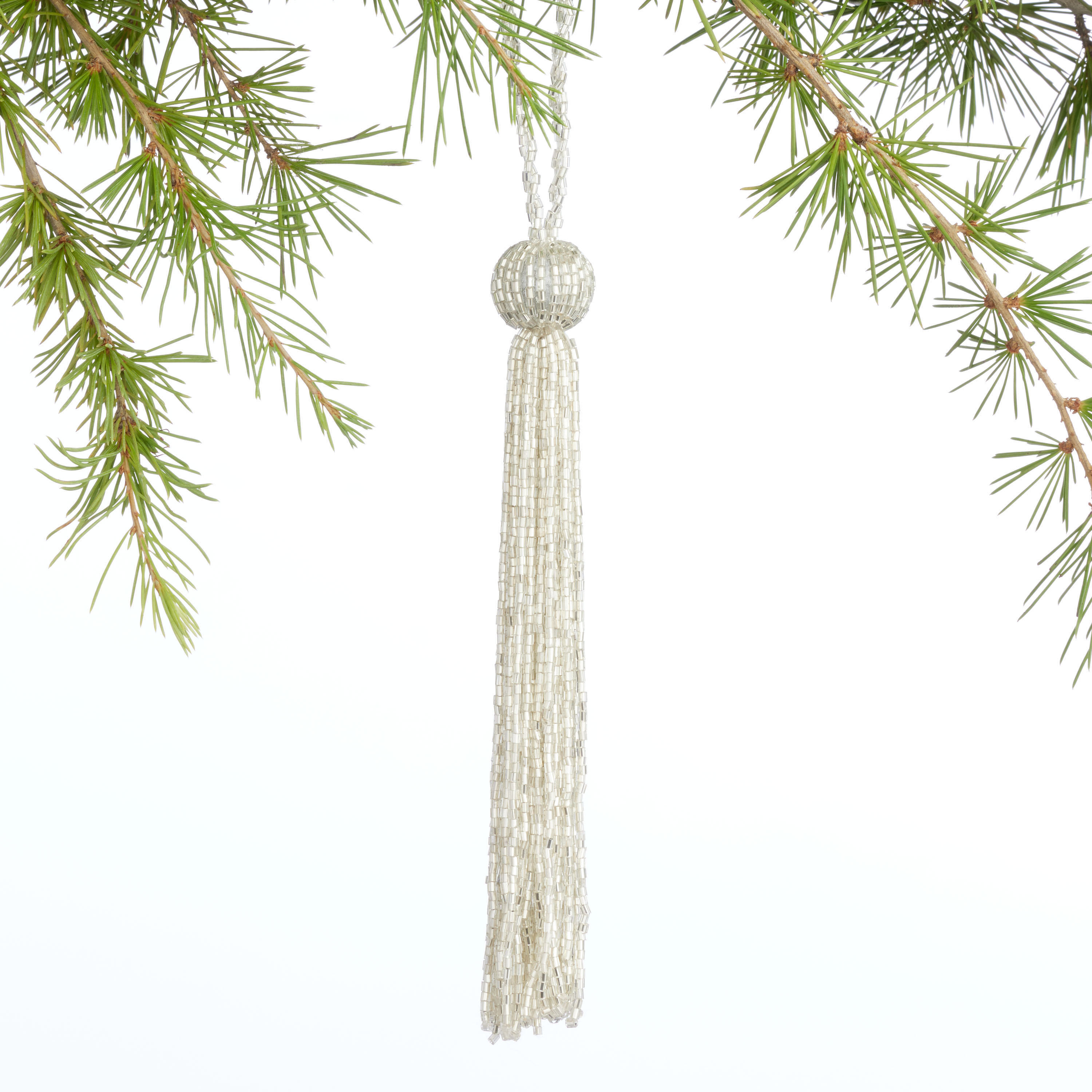 Pier Place Silver Beaded Tassel Ornament | World Market