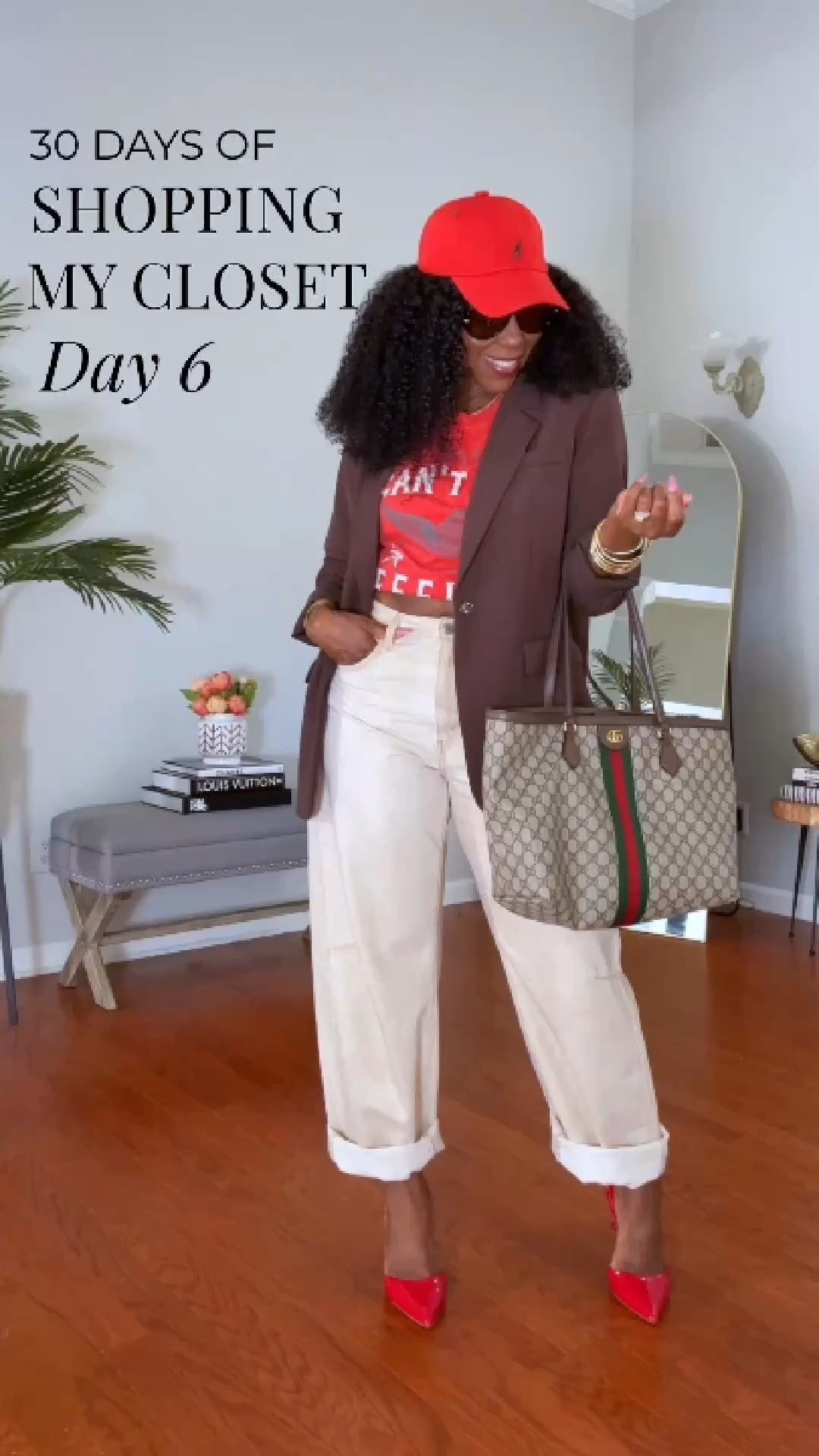 DAY 6 | 30 DAYS OF SHOPPING MY CLOSET 🍒🤎

A chocolate blazer, graphic tee and cream barrel jeans.  A whole moment sitting right in my closet!

 5’4” | 155 lbs | typically Size M/8

WHAT I’M WEARING:

* My husband’s red Kangol
* Chocolate brown oversized blazer — M
* @levi Cinch Waist Jeans — W30/L31
* Red graphic tee — M
* Marc Fisher pumps — 9
* Gucci Ophidia Medium Tote
* Aviator shades

Tap to SHOP the look.

Style it. Own it. SLAY it. 💋

#LTKootd #LTKOver40 #LTKMidsize
