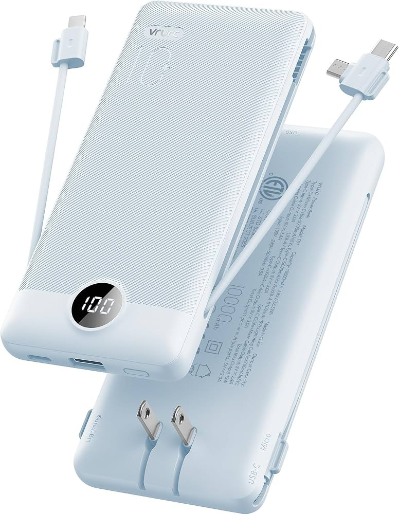 VRURC Portable Charger, Power Bank Built-in Cables and AC Wall Plug | Amazon (US)