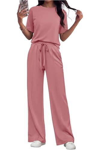 PRETTYGARDEN Women's 2 Piece Sets Summer Casual Sweatsuits Wide Leg Pants Matching Lounge Set Vacation Travel Airport Outfits (Pink,L) | Amazon (US)