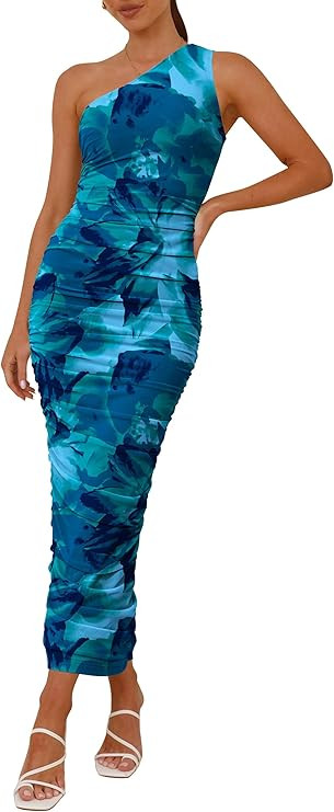 PRETTYGARDEN Women's One Shoulder Bodycon Dress Summer 2025 Printed Ruched Mesh Dress Party Cockt... | Amazon (US)