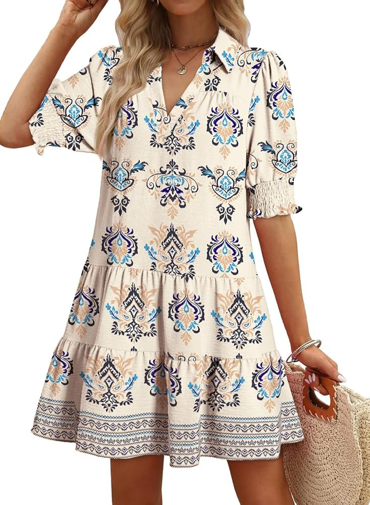 Dokotoo Casual Dresses for Women Lapel Collared V Neck Mid Sleeved Pleated Summer Dresses for Wom... | Amazon (US)