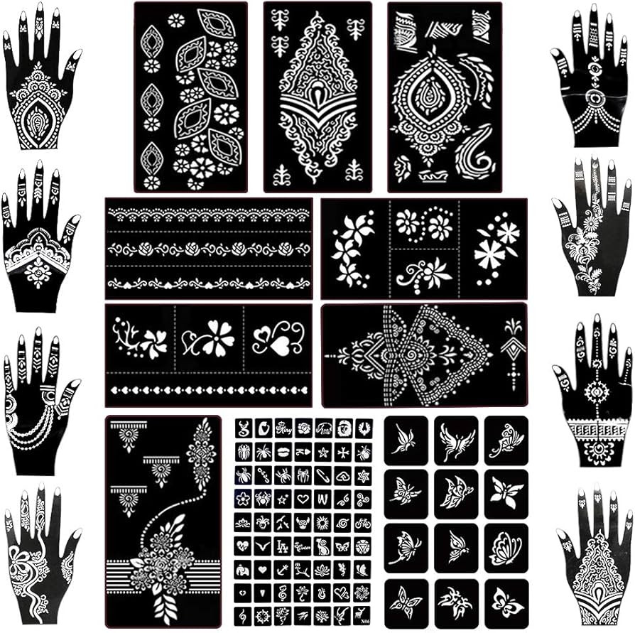 Koogel 18 Sheets Henna Tattoo Stencil Kit, 97 PCS Temporary Glitter Airbrush Flower Tattoo Stenci... | Amazon (US)