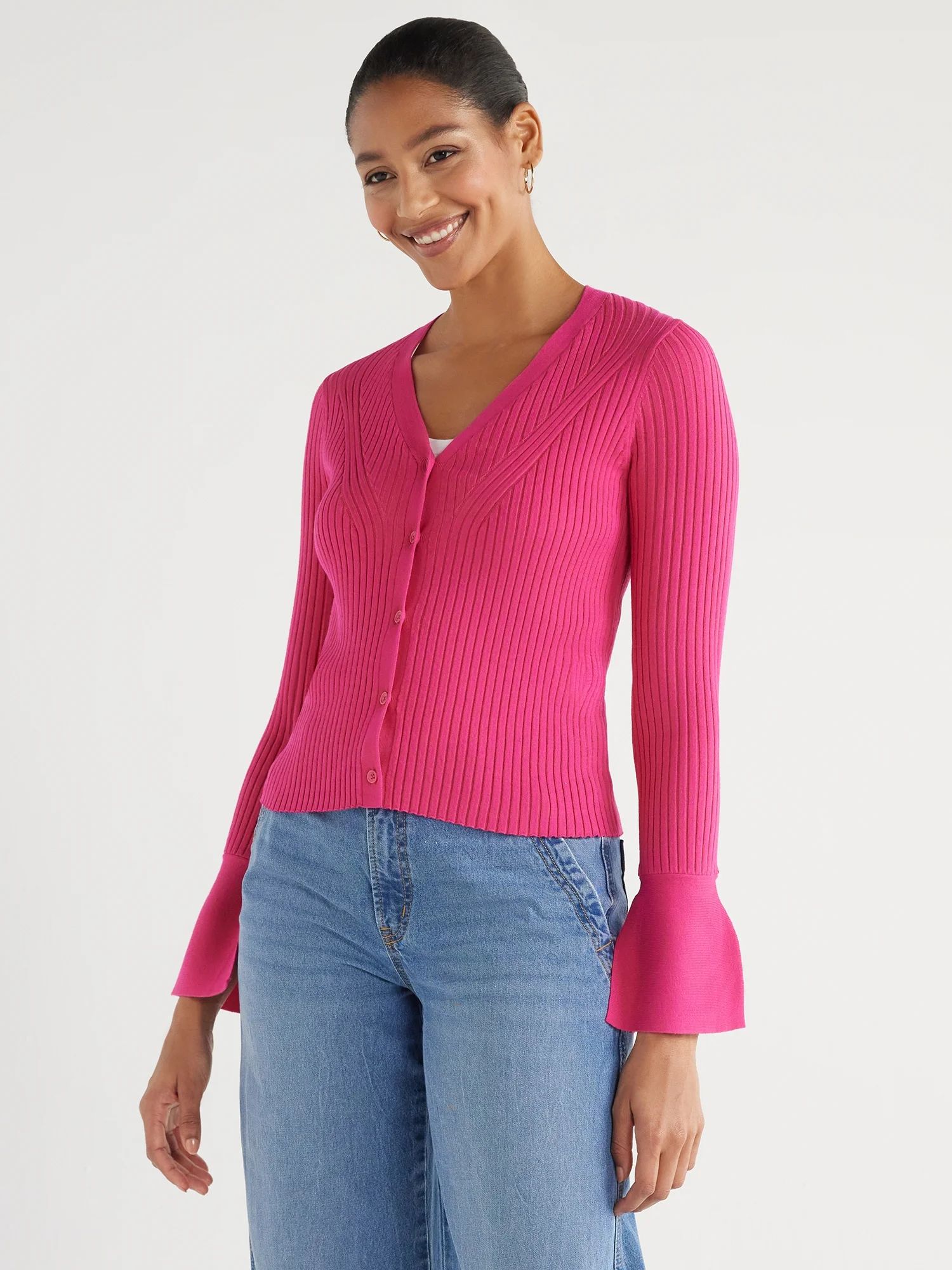 Scoop Women’s Ribbed Button Front Cardigan Sweater, Sizes XS-XXL | Walmart (US)