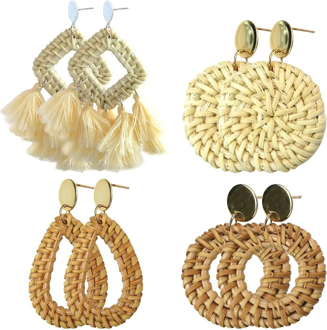 4 Pairs Handmade Rattan Earrings for Women Girls, Geometric Tassel Woven Bohemian Earrings Straw ... | Amazon (US)