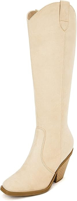 LAICIGO Women’s Square Closed Toe Knee High Boots Side Zipper Chunky Stacked Heeled Fuax Suede ... | Amazon (US)