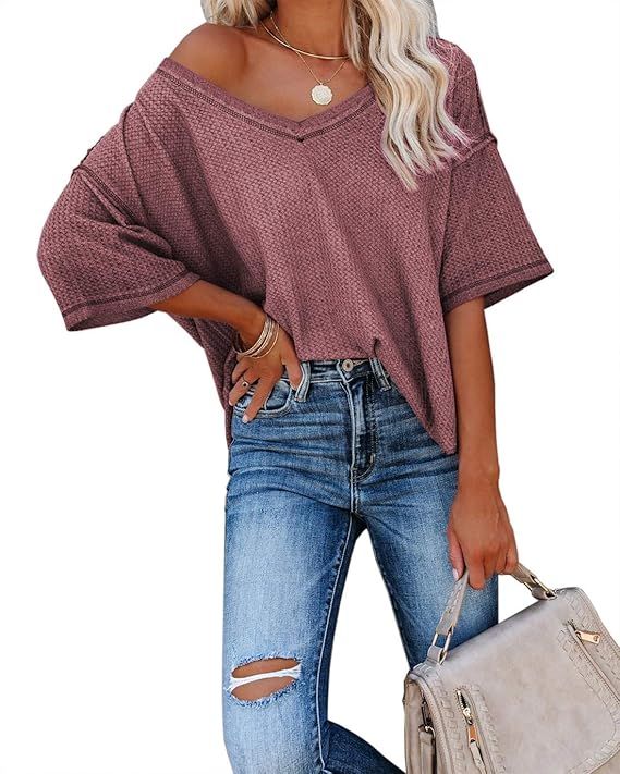 Albe Rita Women Half Sleeve V Neck Shirt Batwing Sleeve Blouse Loose Tops | Amazon (US)