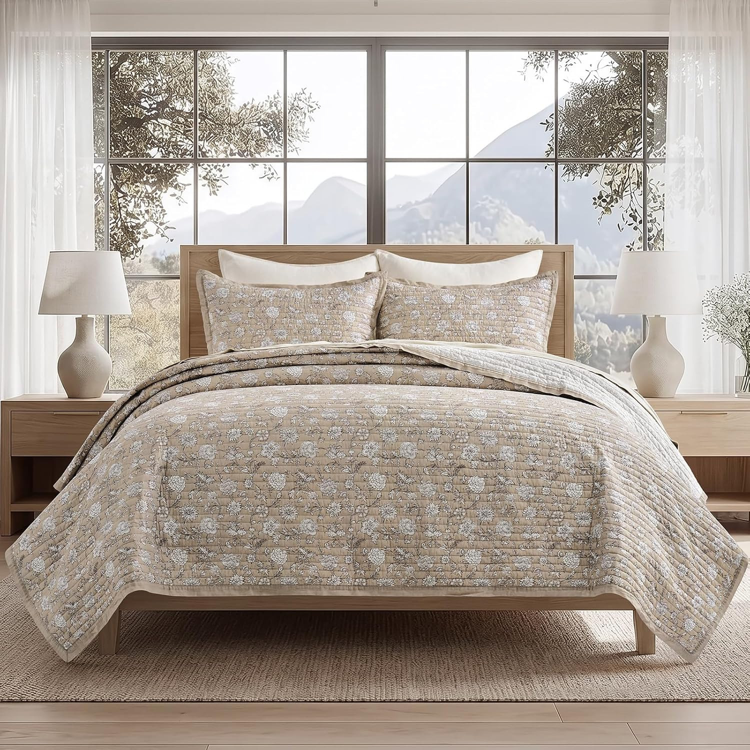 100% Cotton Floral Quilt Set, King Size, Sandstone Beige 108"×96" | Amazon (US)