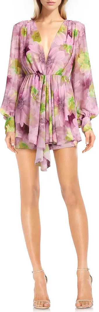 Jewel Badgley Mischka Floral Deep V-Neck Long Sleeve Minidress | Nordstrom | Nordstrom