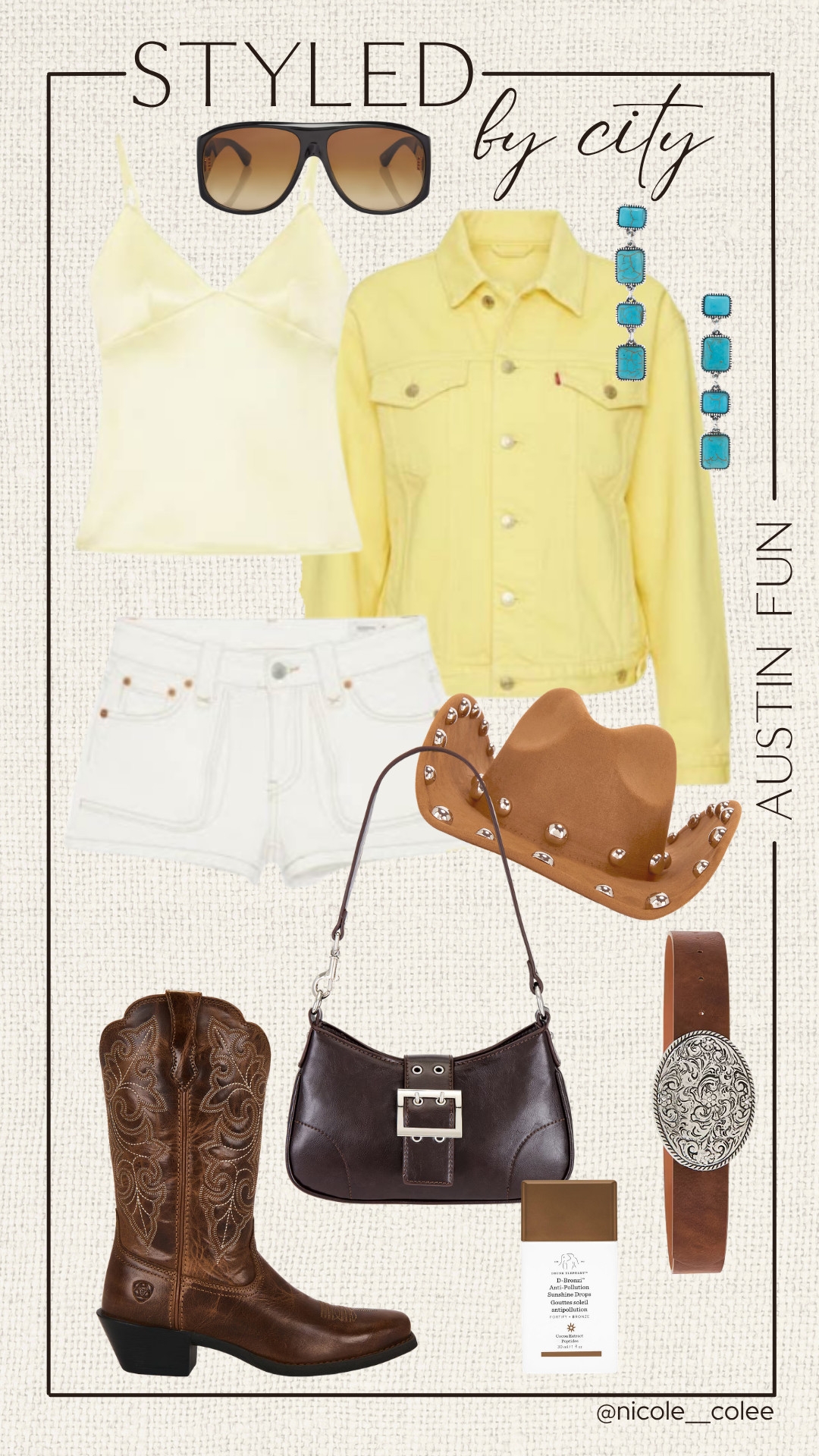 Austin Fun 🤠

A little western, a little city, and a whole lot of personality. Denim, boots, turquoise, a statement hat, and rich chocolate accessories create the perfect modern cowgirl look with an elevated twist.

Everything is linked in my LTK!

#WesternStyle #AustinStyle #LTKStyle #NicoleColeeStyle #CowgirlChic 

 #LTKdayinmylife #LTKgrwm #LTKootd