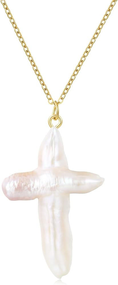 Freshwater Pearl Cross Necklace Women Dainty Single Baroque Pearl Pendant Fresh Water Pearl Neckl... | Amazon (US)