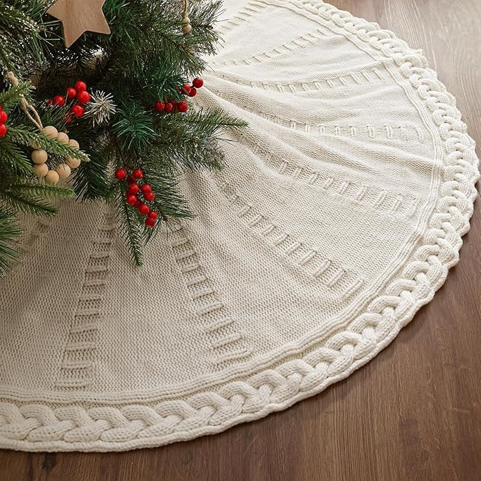 48 Inch Christmas Tree Skirt: Braided Cable Knit Tree Skirt for 7.5FT Tree, Cream White Tree Skir... | Amazon (US)