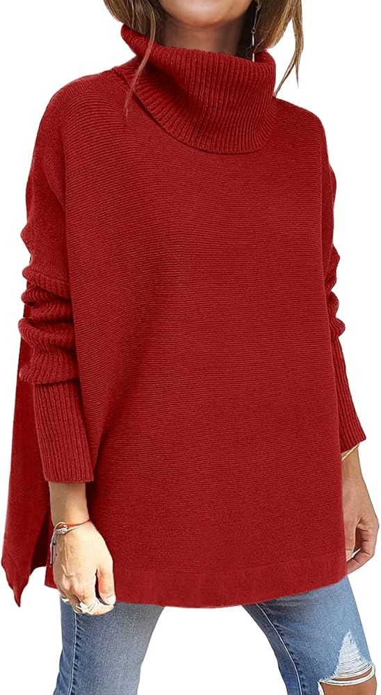 Drrita Women's Turtleneck Sweaters 2021 Oversized Batwing Sleeve Spilt Hem Asymmetric Pullover Sweat | Amazon (US)