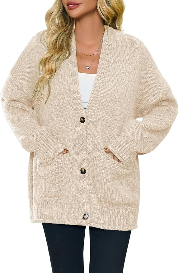 Saodimallsu Womens Chunky V Neck Cardigan Sweater Puff Sleeve Knit Cardigans Button Down Outwear ... | Amazon (US)