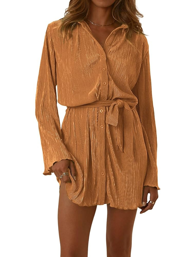 LYANER Women's Collar V Neck Button Down Pleated Long Sleeve Mini Shirt Dress with Belt | Amazon (US)