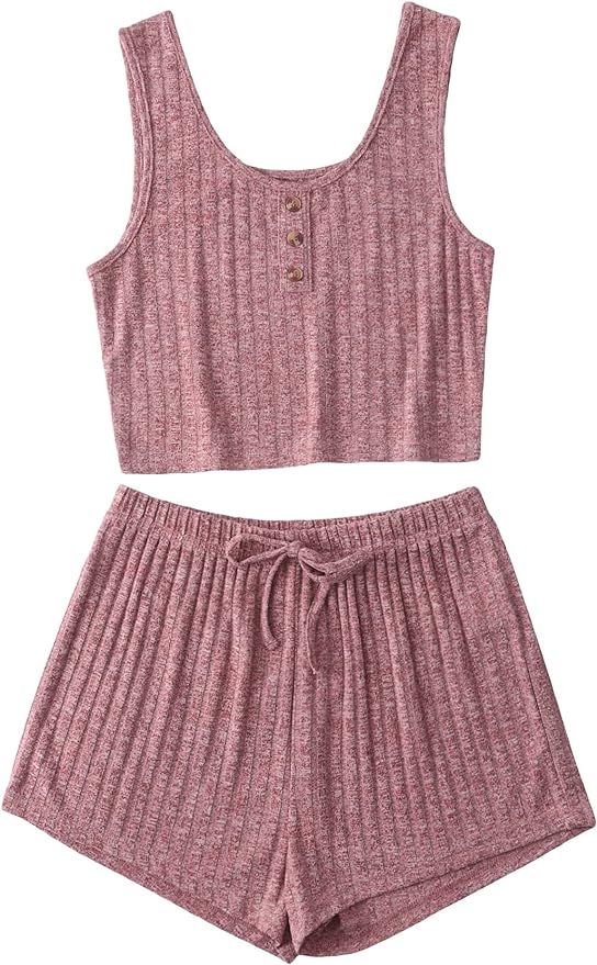 SOLY HUX Women's Button Front Ribbed Knit Tank Top and Shorts Pajama Set Sleepwear Lounge Sets | Amazon (US)