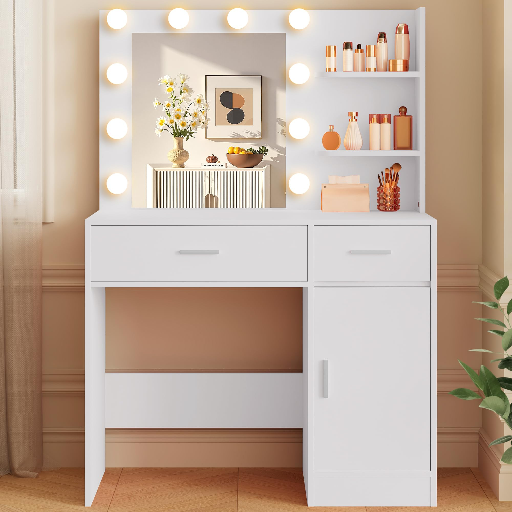 Lighted Makeup Vanity Desk, 35.4“W x 15.7'”D x 54“H, White (with Lights and Mirror, Dimming... | Amazon (US)