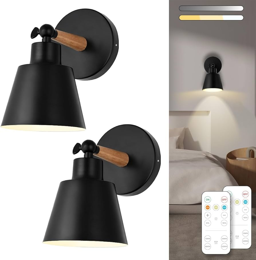 Black Battery Operated Wall Sconce Set of Two, Easy to Install Wireless Lights for Wall, Remote C... | Amazon (US)