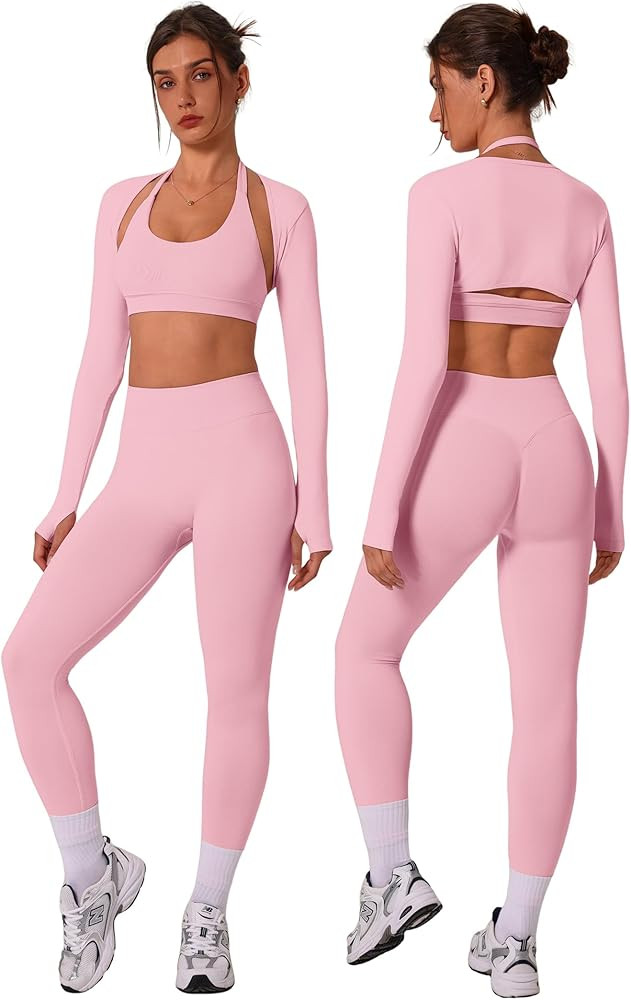 3 Piece Workout Sets for Women Seamless Halter Sports Bra High Waist Leggings Long Sleeve Shrug G... | Amazon (US)
