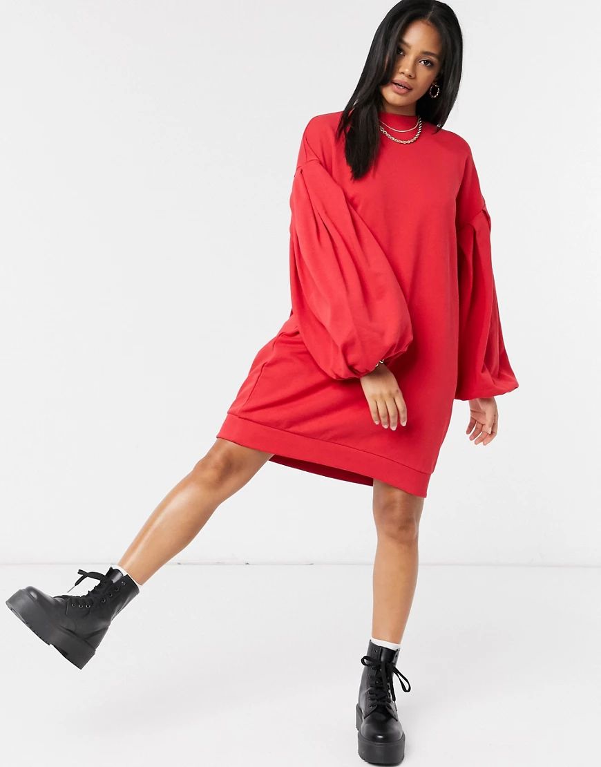 ASOS DESIGN oversized balloon sleeve sweatshirt dress in red | ASOS (Global)