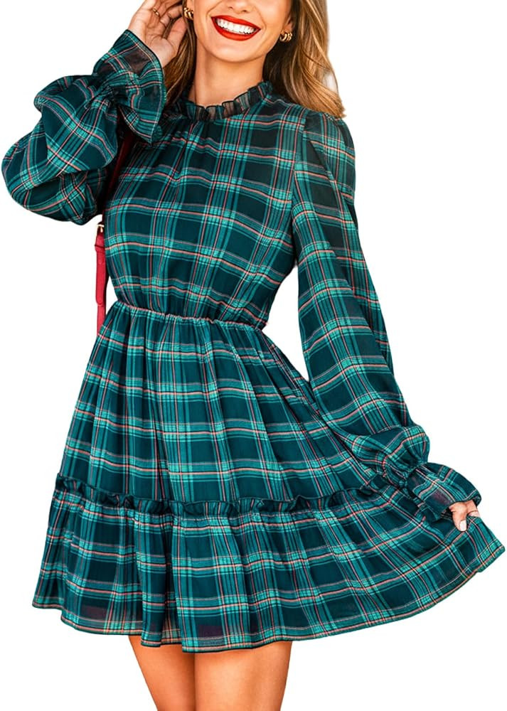 CUPSHE Womens Fall Dresses Long Sleeve Ruffled Holiday High Neck Casual Outfit Plaid Christmas Mi... | Amazon (US)