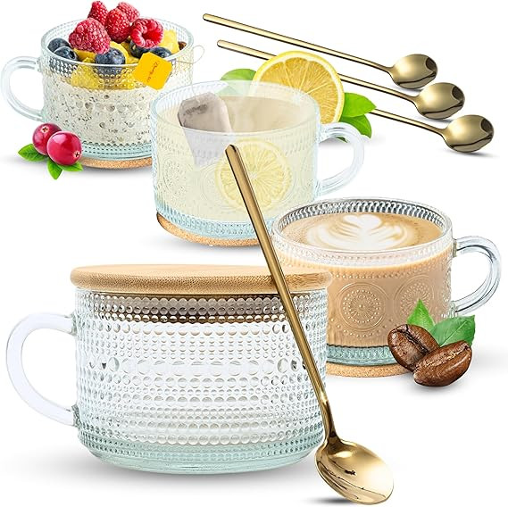 Vintage Glass Coffee Mugs (4Pcs, 14oz), Overnight Oats Containers with Lids and Spoons, Clear Emb... | Amazon (US)