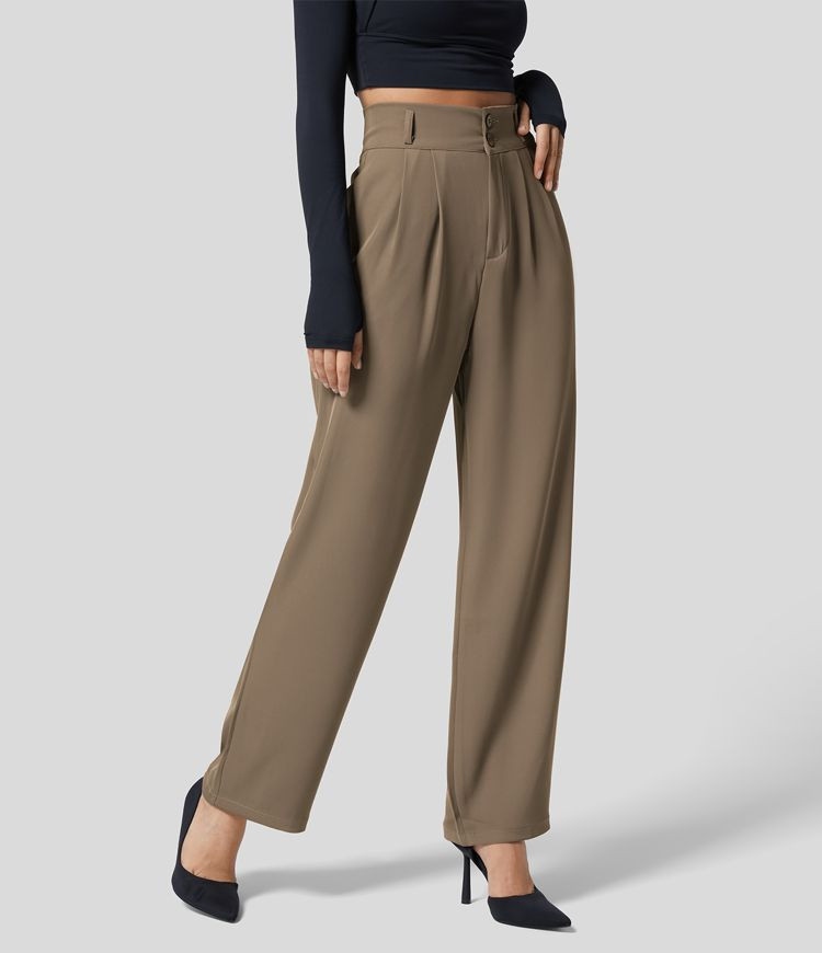 High Waisted Button Zipper Plicated Side Pocket Shirred Straight Leg Work Suit Pants | HALARA