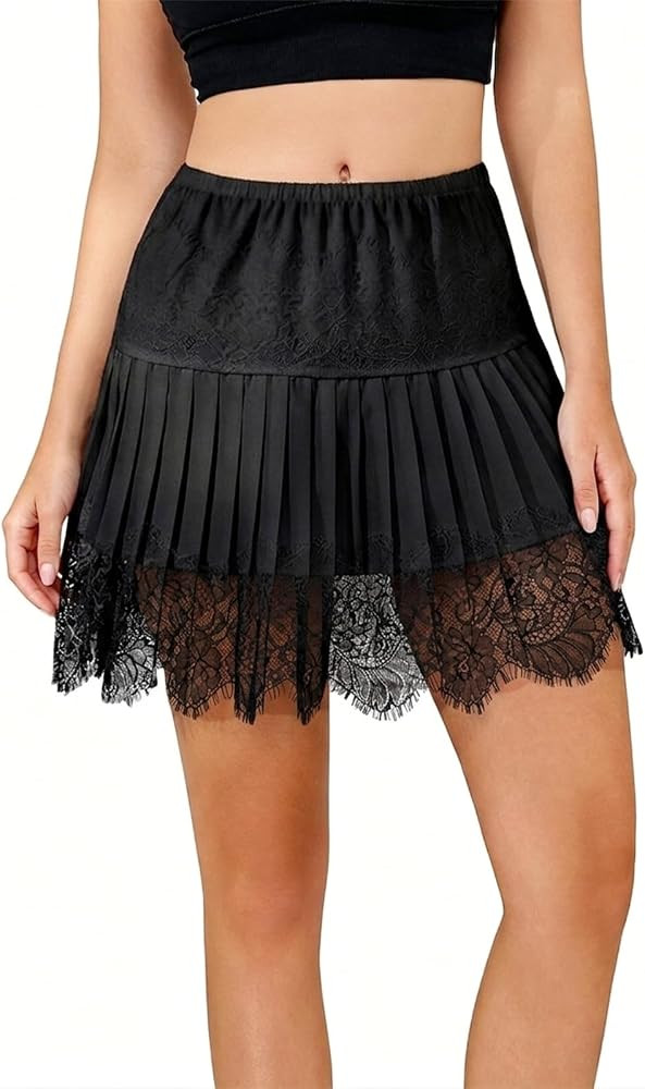 BJhaz Women Y2K Lace Mini Skirt Ruffle Pleated Half Slip Skirts | Amazon (US)