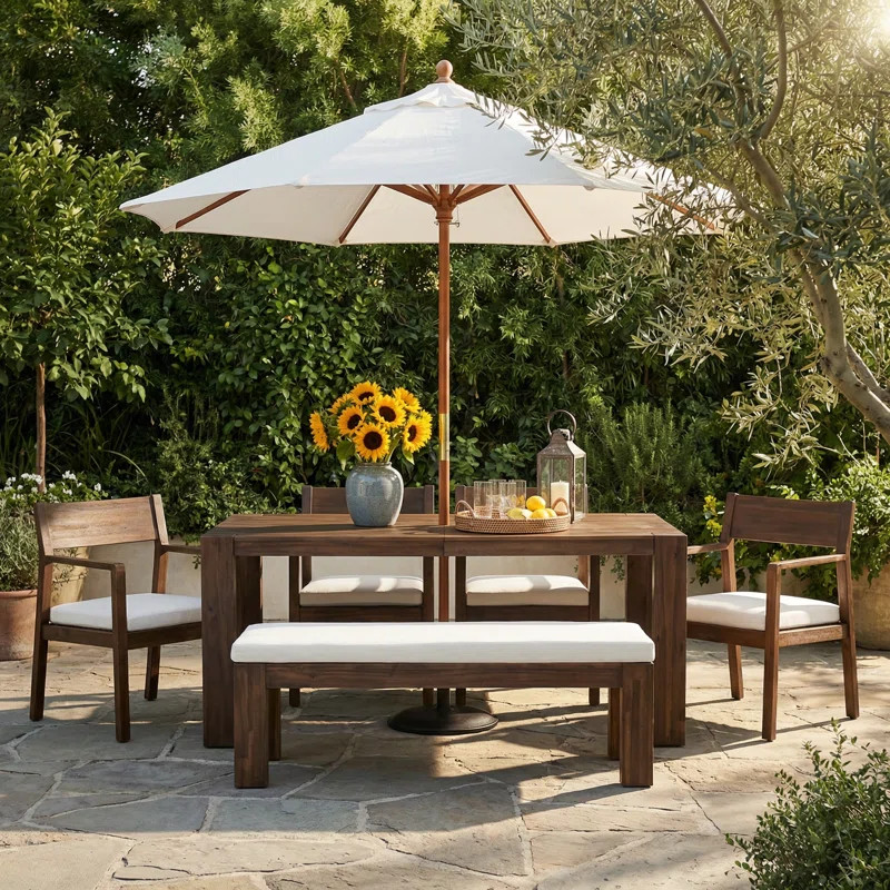 Keaton  6-Piece Rustic Patio Dining Set with Acacia Wood Table and Weather-Resistant Cushions | Wayfair North America
