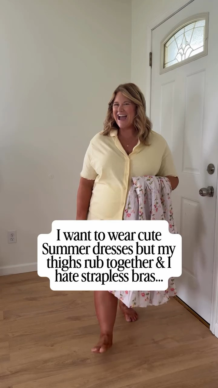 Love this 100% cotton dress! And this is the comfiest strapless bra I’ve tried - wearing a xXL.  And then I use Mega Babe on my thighs for no chafing!

Don’t let these worries stop you from wearing all the cute Summer outfits - especially on these hot 🥵 days! I’ve been living in comfy dresses lately and these are my go tos to feel good 🙌

#midsizefashion #midsizestyle #straplessbra #comfy summer outfit #bumpfriendly