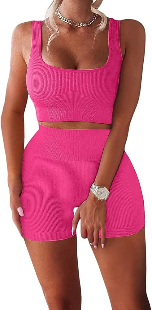 TWFRHC Women's Workout Sets Ribbed Tank 2 Piece Seamless High Waist Gym Outfit Yoga Shorts Sets | Amazon (US)