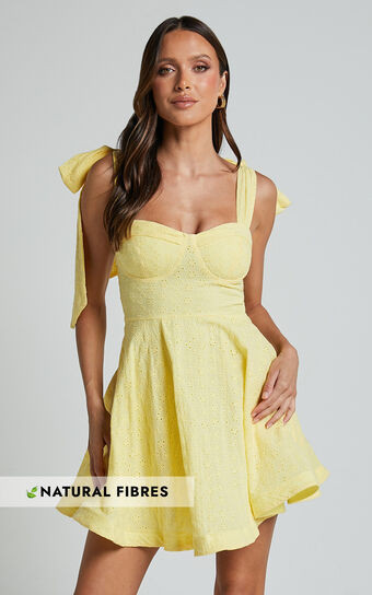 CLYDE MINI DRESS - SWEETHEART TIE STRAP BRODERIE ANGLAISE DRESS in Lemon | Showpo (US, UK & Europe)
