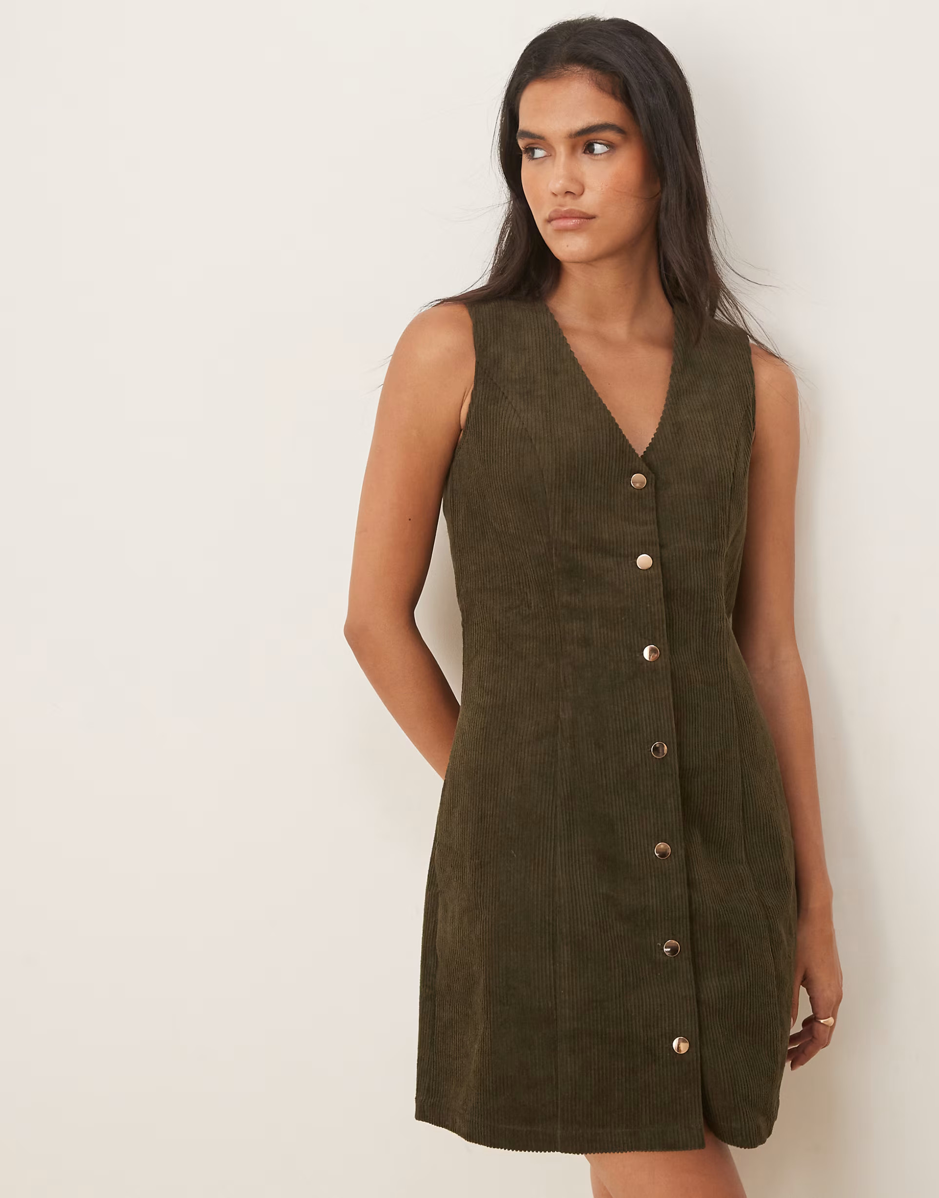 Threadbare cord button front mini dress in olive green | ASOS | ASOS (Global)