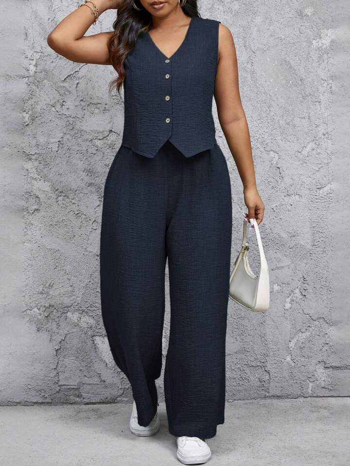 SHEIN Frenchy 2pcs Plus Size Women's Summer Solid Color Single-Breasted Vest And Wide Leg Pants C... | SHEIN