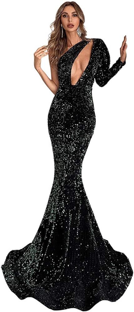 Miss ord Women's One Shoulder Off Cutout Formal Sequin Prom Dress Floor-Length Mermaid Maxi Party... | Amazon (US)