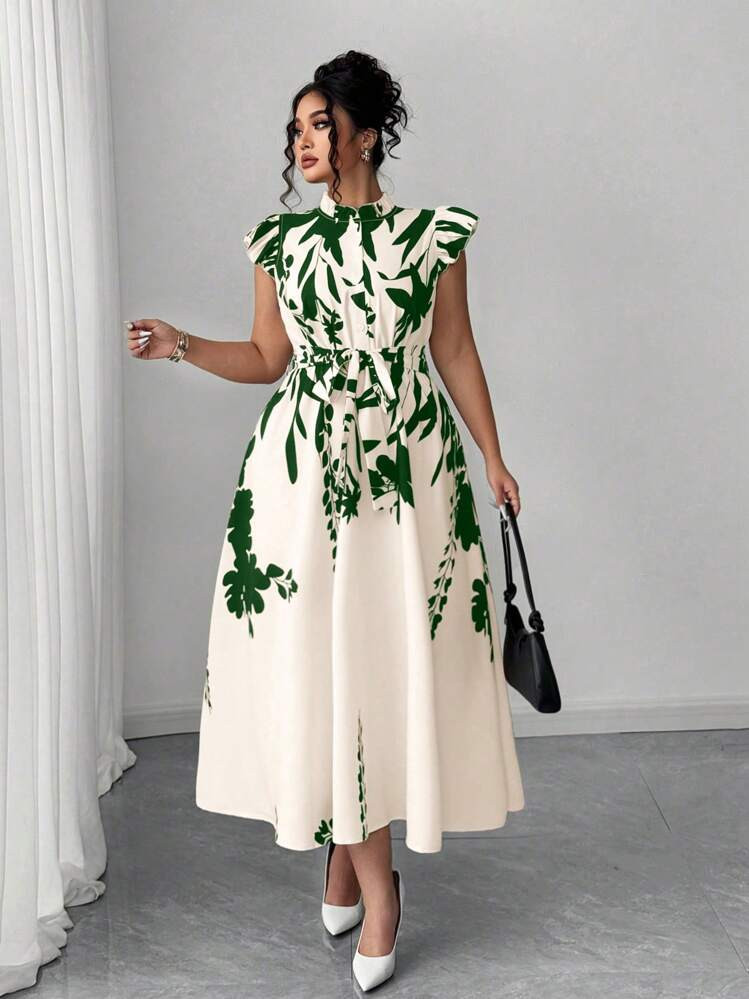 Elenzga Plus Size Floral Print Ruffle Trim Maxi Dress,Apricot Background With Black Flowers,Elega... | SHEIN