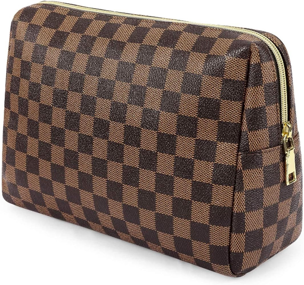 Makeup Bag Large,Portable Vegan Leather Simple Cosmetic Pouch, Toiletry Travel Organizer for Mom Wom | Amazon (US)