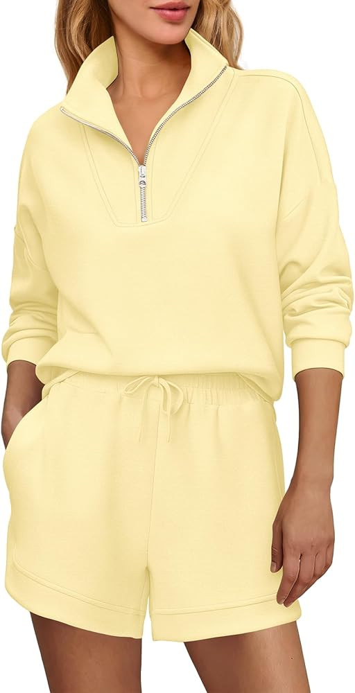 Nirovien Womens Sweat Suits 2 Piece Set Long Sleeve Quarter Zip Sweatshirt and Shorts Set Airport... | Amazon (US)