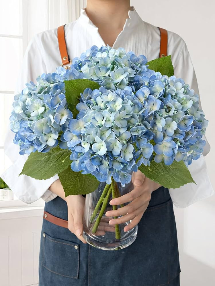 JINWOE Blue Faux Hydrangea Flowers for Decoration,4Pcs 20" Real Touch Lifelike Faux Flowers, Full... | Amazon (US)