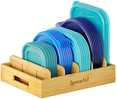 SpaceAid Bamboo Lid Organizer, Kitchen Pantry Lids Holder with 5 Adjustable Dividers for Cabinets... | Amazon (US)