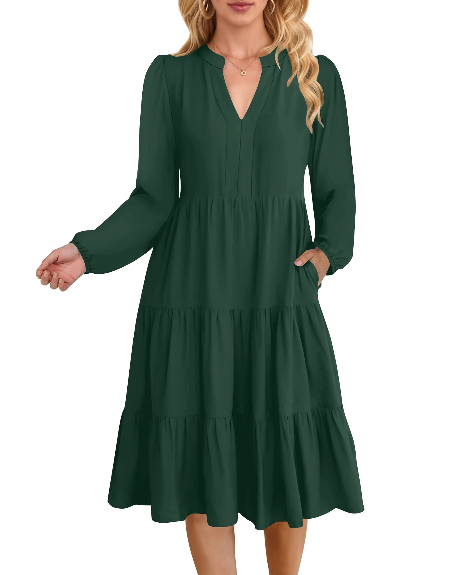 UVN Fall Dresses for Women Long Sleeve V Neck Midi Dress Casual Loose Flowy Swing Tiered Dress wi... | Walmart (US)